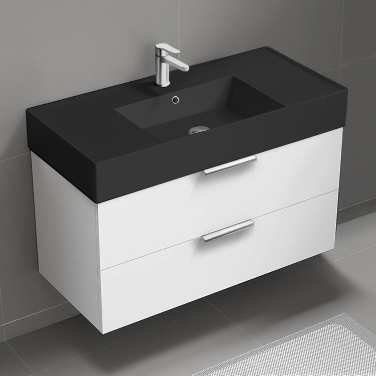 Nameeks DERIN250 Floating Bathroom Vanity With Black Sink, Modern, 40 Inch, Glossy White
